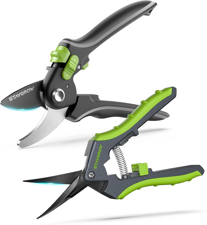 Pruning Shears for Gardening 2 Pack, 8.5" Bypass Garden Clippers and 6.5" Curved Garden Shears
