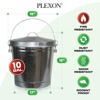 Plexon 10 Gallon Metal Trash Can with Locking Lid Galvanized Bucket with Lid for Poultry Feed Bird