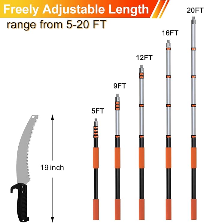 26FT Pole Saw, Telescoping Tree Trimmer with 5-20FT Extension Pole, Manual Branches Pruner for