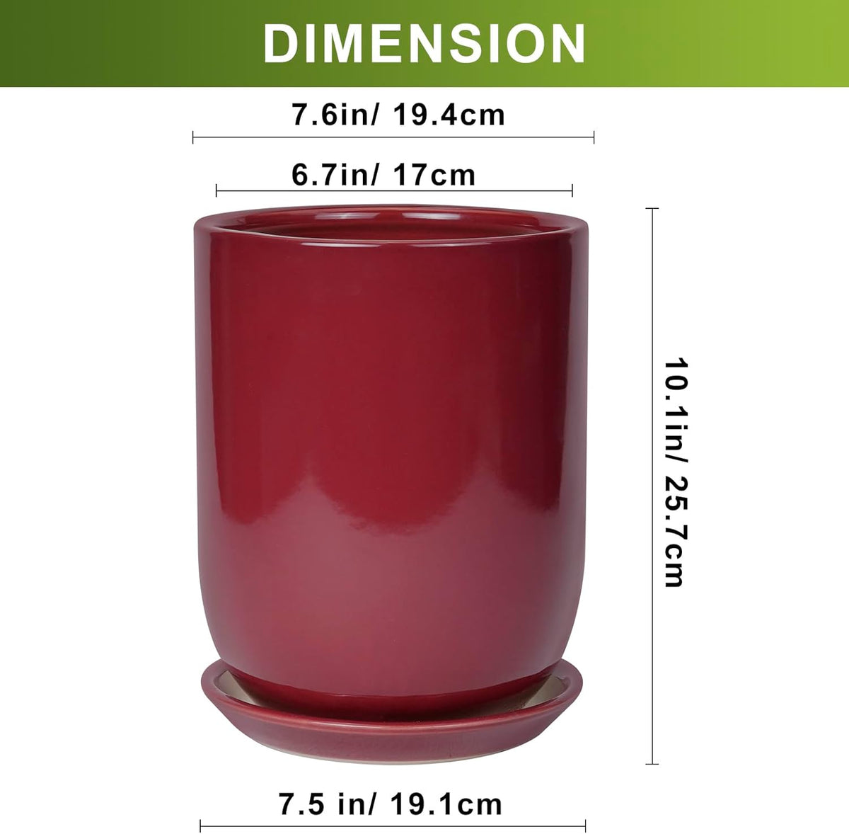 Ceramic Pot for Plants - 8 Inch Plant Pot Indoor with Drainage Hole and Saucer Cylinder Flower Pot