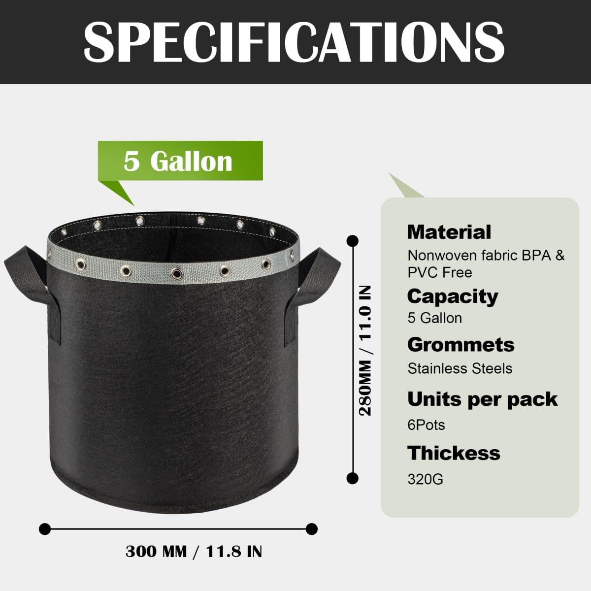 5 Gallon Grow Bags 6 Pack,Fabric Pots 5 Gallon for Healthy Plant Growth - Durable and Reusable