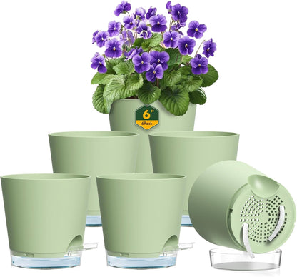 6 inch Self Watering Pots for Indoor Outdoor Plants, 6 Pack Flower Plant Pots with Drainage Holes