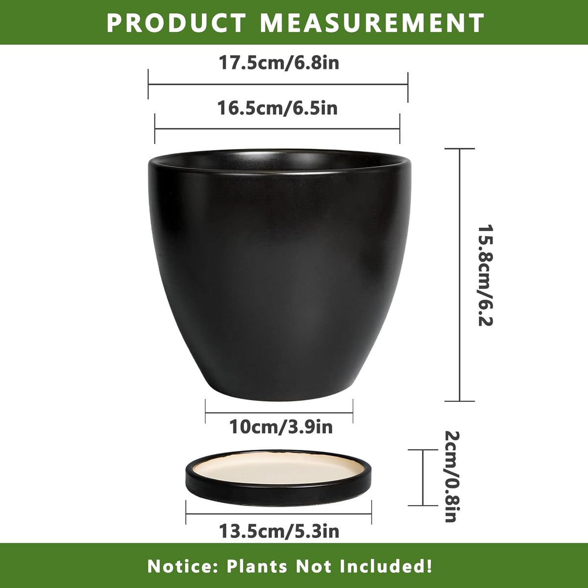 Ceramic Pots for Plants - 6.8 Inch Plant Pot with Drainage Hole and Saucer, Succulent Round Flower