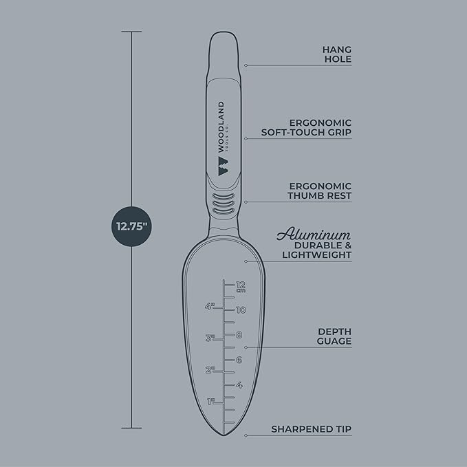 Woodland Tools Heavy Duty Garden Transplanter - Narrow Anodized Aluminum Hand Shovel with Depth