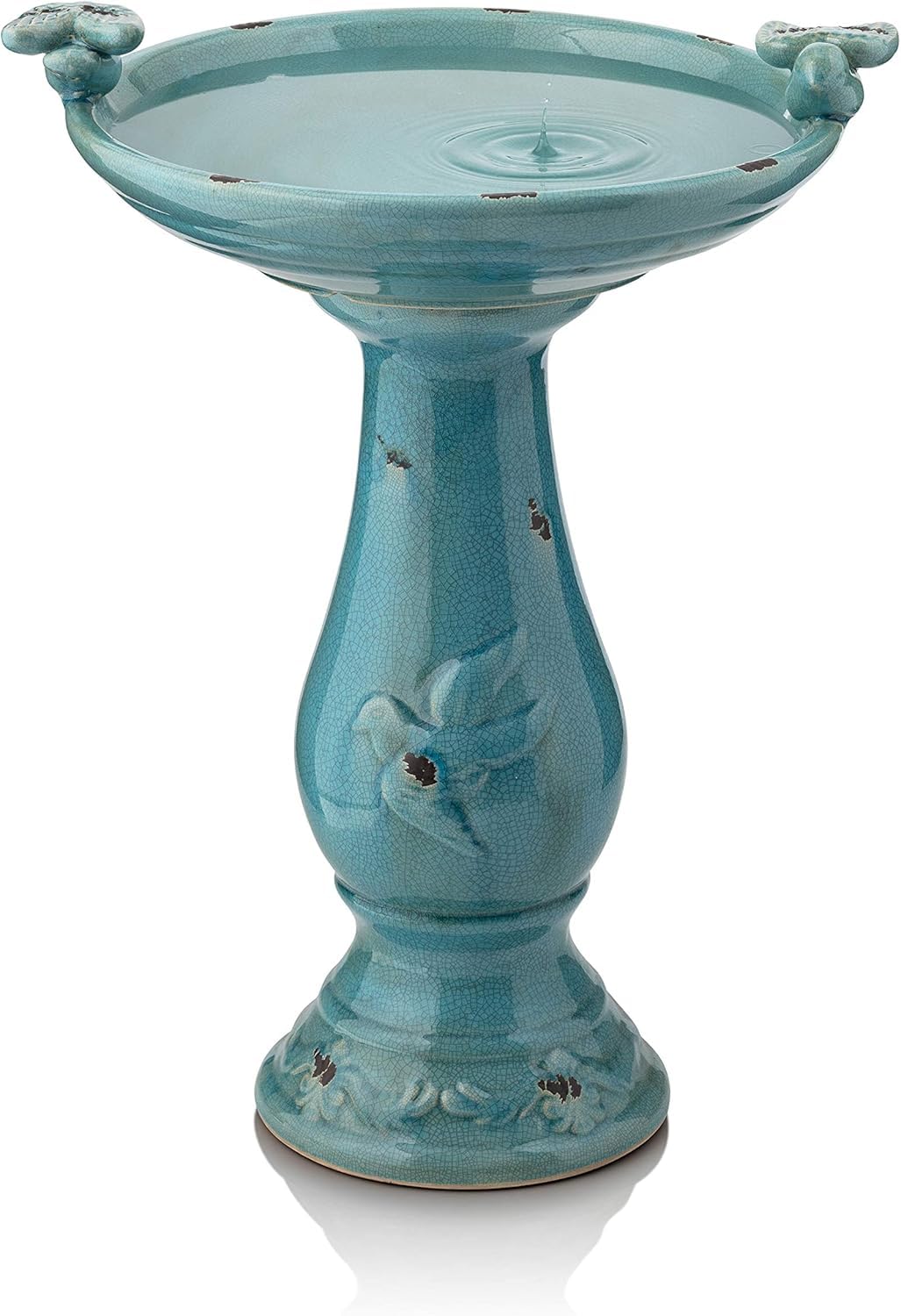 Alpine Corporation 25" Tall Outdoor Ceramic Antique Pedestal Birdbath with 2 Bird Figurines