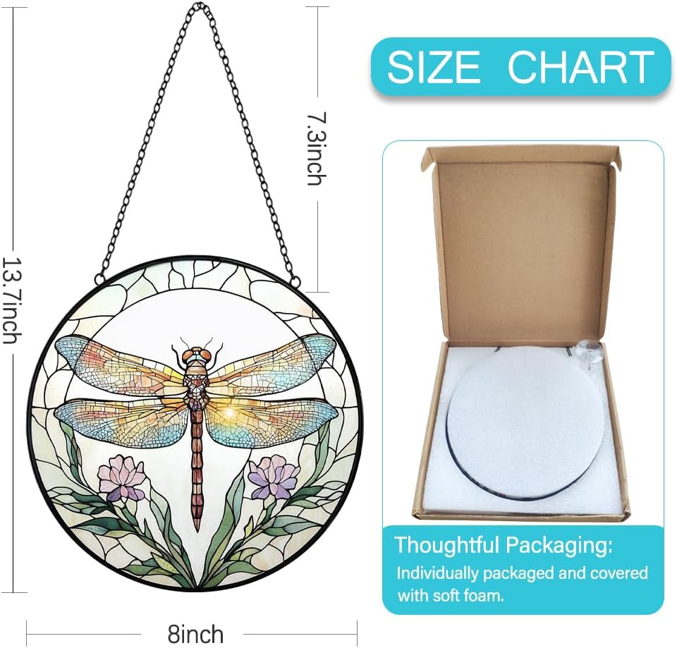 Dragonfly with Flower Suncatcher Stained Glass Window Hanging - 8” Stained Glass Suncatchers for