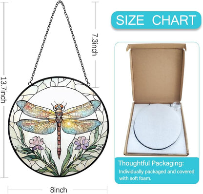 Dragonfly with Flower Suncatcher Stained Glass Window Hanging - 8” Stained Glass Suncatchers for