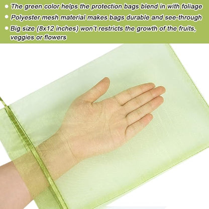 100pcs Fruit Protection Bags 8x12 inch, Green Netting Cover Bags Drawstring Mesh Fruit Protectors
