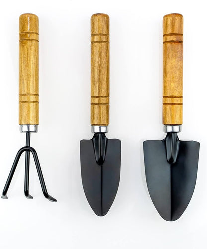 Gardenera Bonsai 3PC Gardening Tool Set: Rake, Spade, Shovel - Wooden Handles - Best Kit for Potted