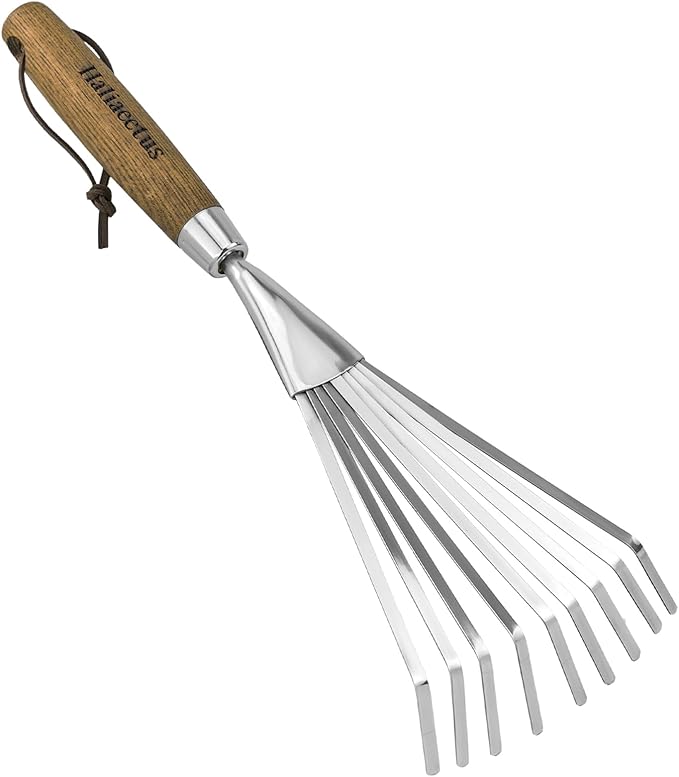 Haliaeetus Garden Hand Rake, 14.6'' Small Rake for Tight Areas, 9 Tines Stainless Steel with