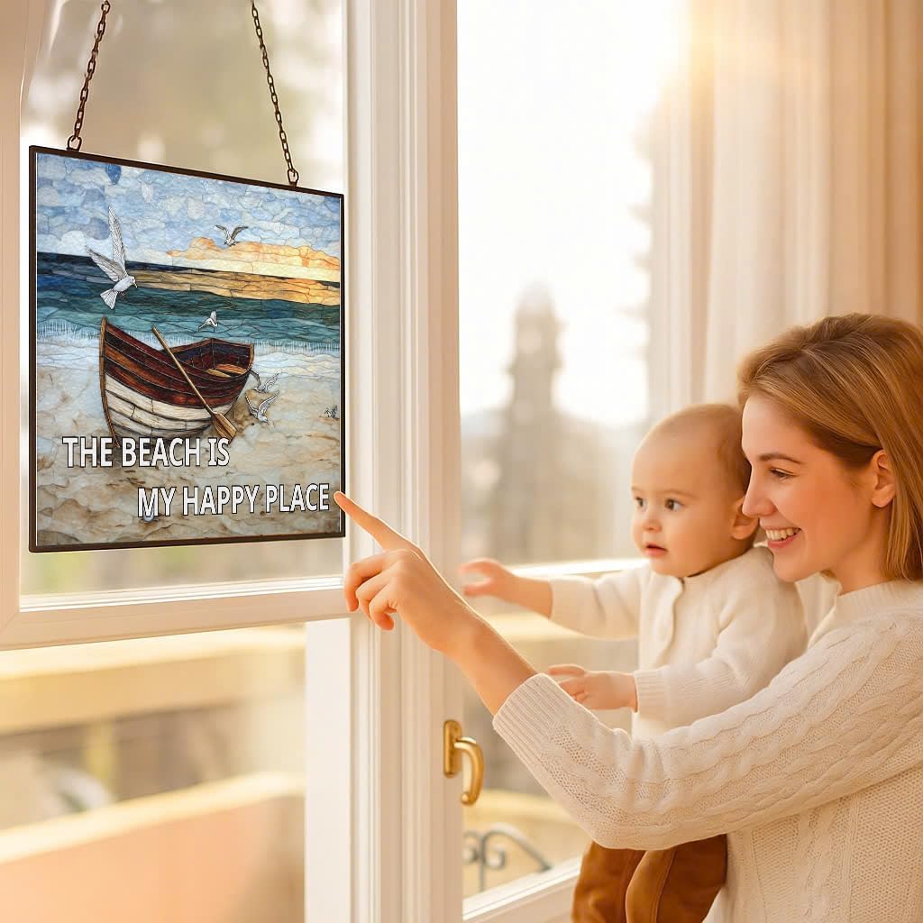 Rectangle The Beach is My Happy Place Stained Glass Suncatcher Window Hanging, Gothic Dragon