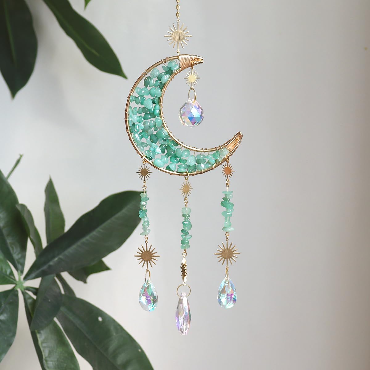 Moon Suncatcher Hanging Decor, Boho Chic Green Aventurine Crystal Sun Catcher, Spritual Sun Light