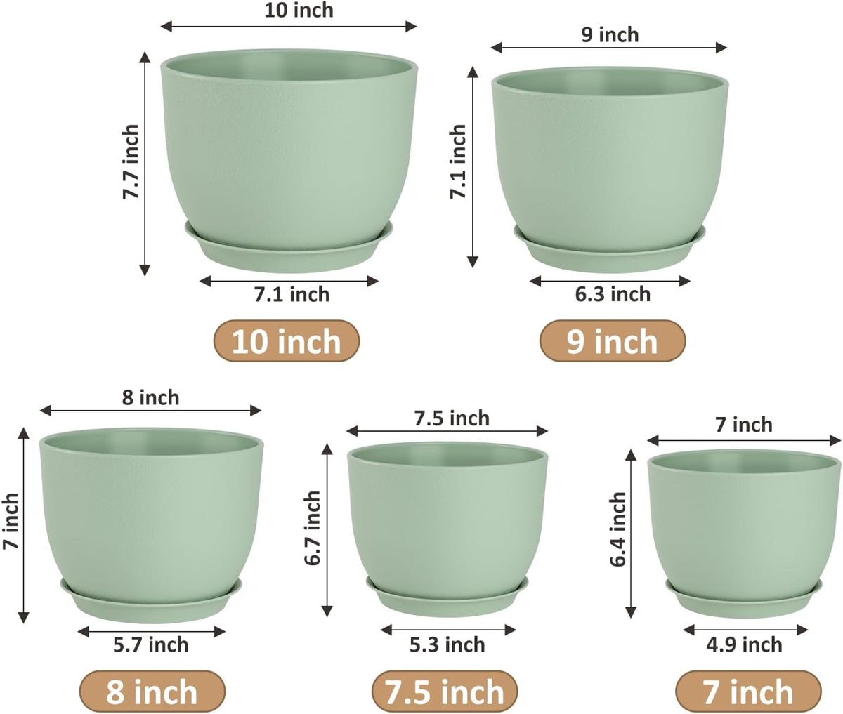 Plant Pots 10/9/8/7.5/7 inch Flower Pots with Multi Mesh Drainage Holes, Planters for Indoor