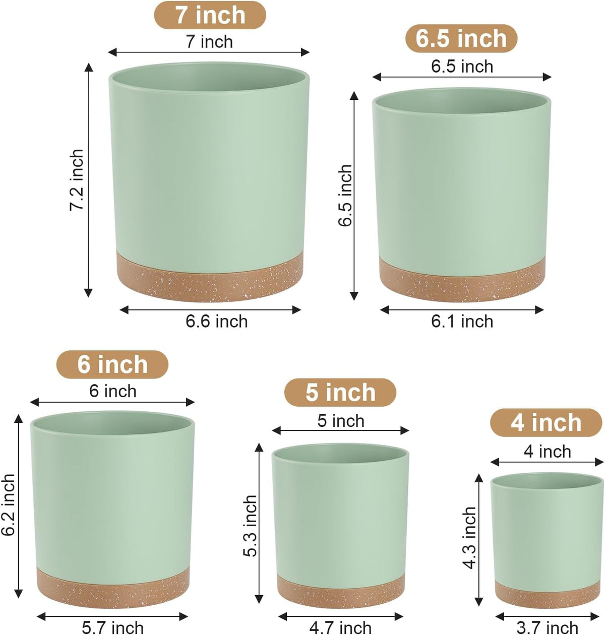 Plant Pots with Drainage Holes and Saucers – 7, 6.5, 6, 5, 4 Inch Plastic Planters for Indoor