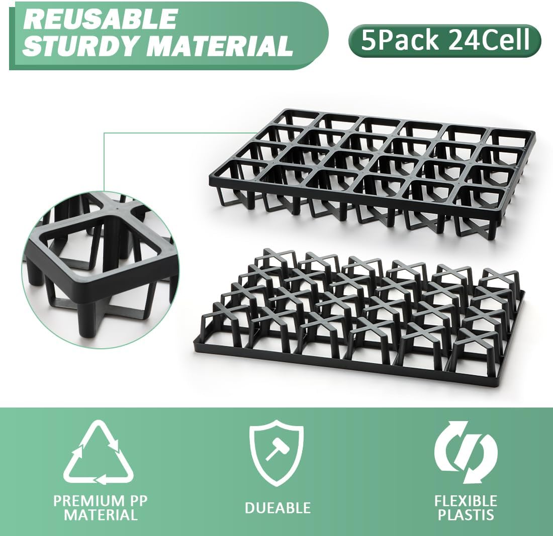 Square Nursery Pot Tray with 24 Cells, 5 Pack Plant Trays for Pots, Flower Pot Moving Tray, Plastic