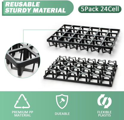 Square Nursery Pot Tray with 24 Cells, 5 Pack Plant Trays for Pots, Flower Pot Moving Tray, Plastic
