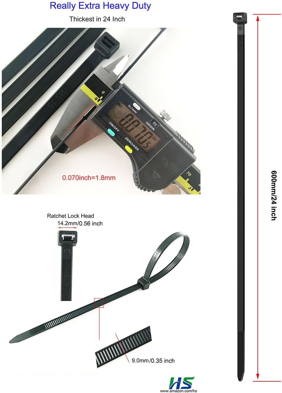 HS 24 Inch Zip Ties Black 200 Pounds Wide Straps (Case of 500 Pack) Nylon PA66 UV Resistant Extra