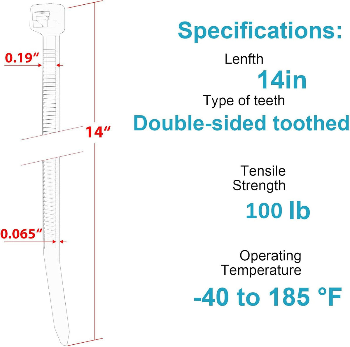 14 Inch Zip Ties Double Sided Toothed,100 LBS Tensile Strength Heavy Duty Cable Wire Ties With