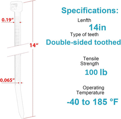 14 Inch Zip Ties Double Sided Toothed,100 LBS Tensile Strength Heavy Duty Cable Wire Ties With