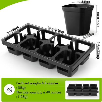 8 Cell Nursery Pots Trays 6 Pack (12" x 6"), 3 inch Square Plastic Nursery Pots 48 Pcs, Durable
