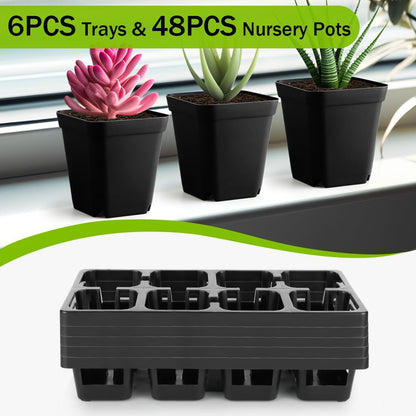 8 Cell Nursery Pots Trays 6 Pack (12" x 6"), 3 inch Square Plastic Nursery Pots 48 Pcs, Durable