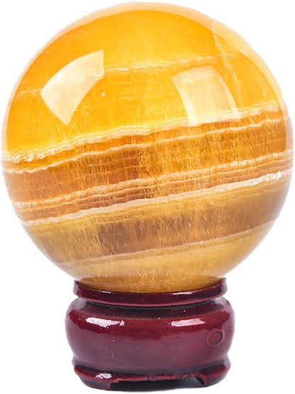JIC Gem Natural Yellow Fluorite Crystal Sphere with Wooden Stand,Decorative Crystal Ball Yellow