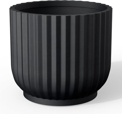 Kante Round Fulted Planter, 16.7 Inch Dia Large Concrete Plant Pots with Drainage Hole and Rubber