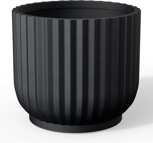Kante Round Fulted Planter, 16.7 Inch Dia Large Concrete Plant Pots with Drainage Hole and Rubber