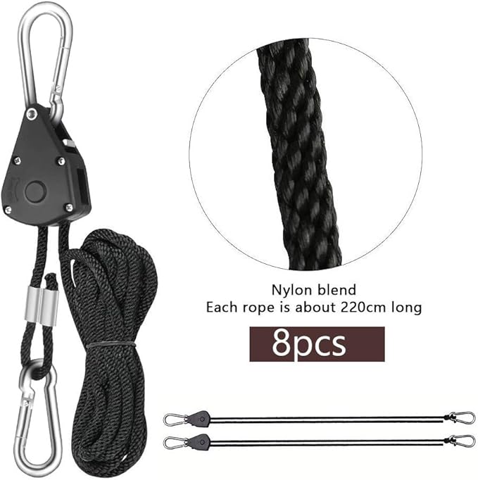 4 Pairs 1/8 Inch Adjustable Heavy Duty Ratchet Hanger Grow Light Fixtures Rope Clip Hangers Hanging