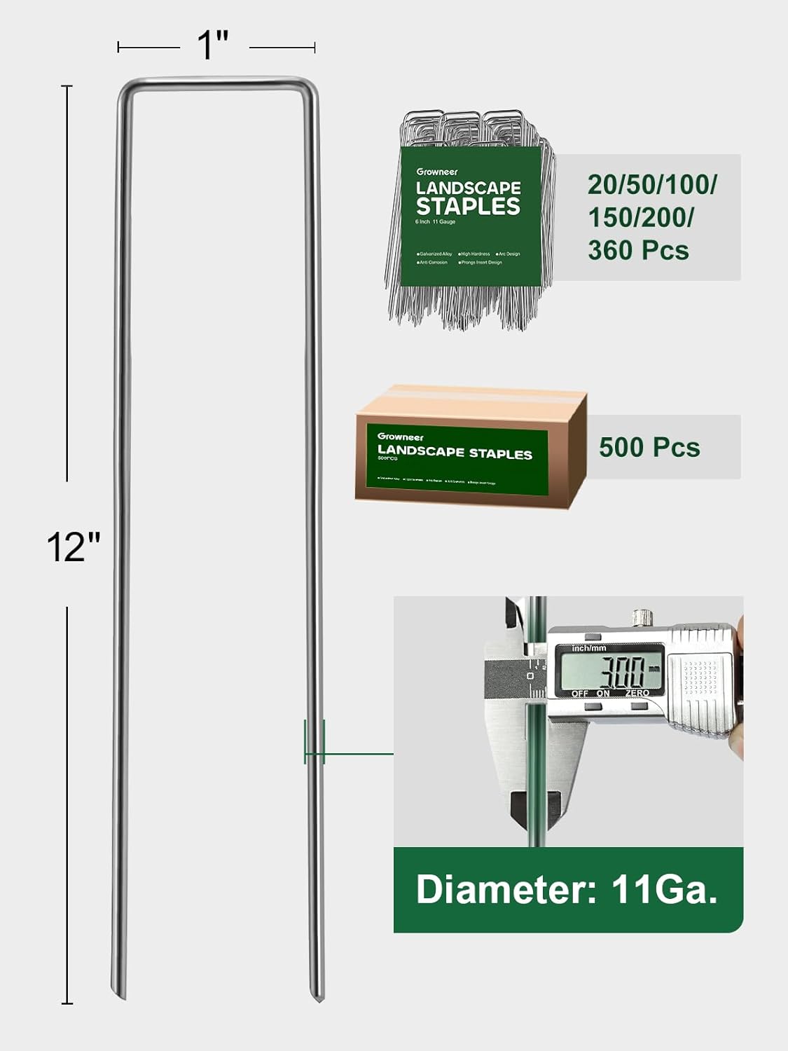GROWNEER 100 Packs 12 Inches Landscape Staples Heavy Duty 11 Gauge Galvanized Steel Garden Stakes