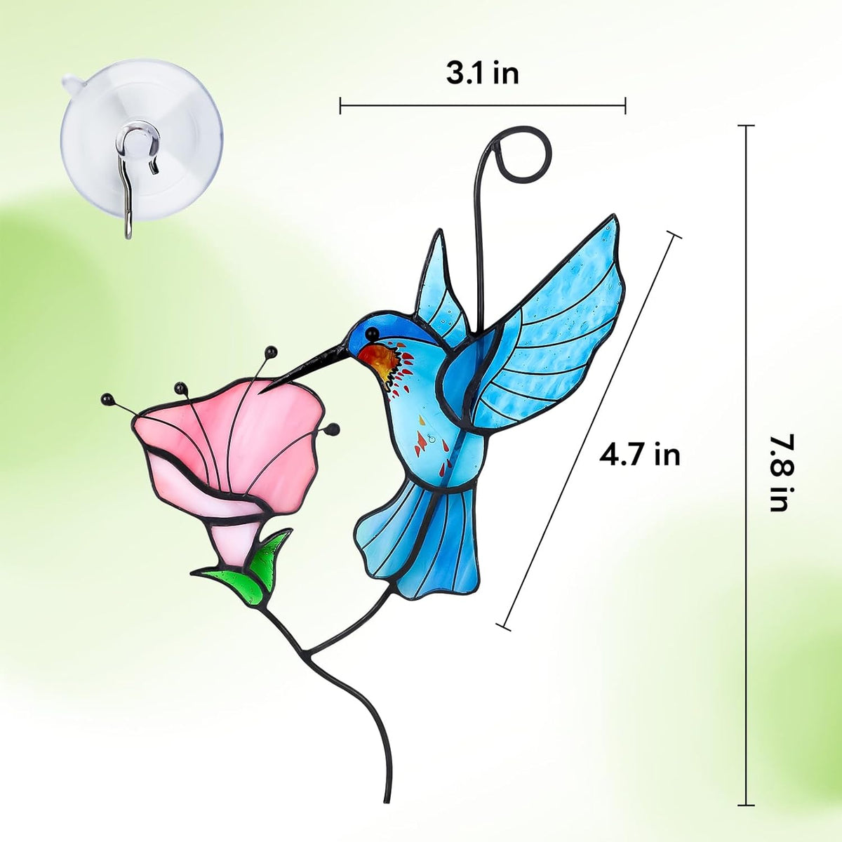 Handmade Stained Glass Hummingbird Suncatcher, Blue Bird with Pink Flower Window Hanging Decor, Art