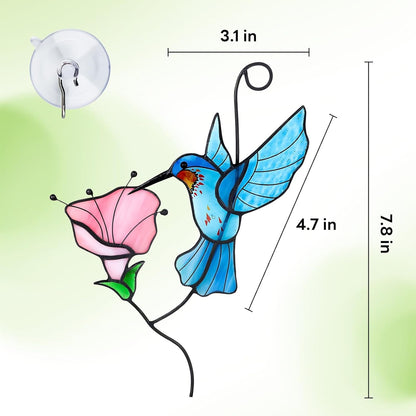 Handmade Stained Glass Hummingbird Suncatcher, Blue Bird with Pink Flower Window Hanging Decor, Art