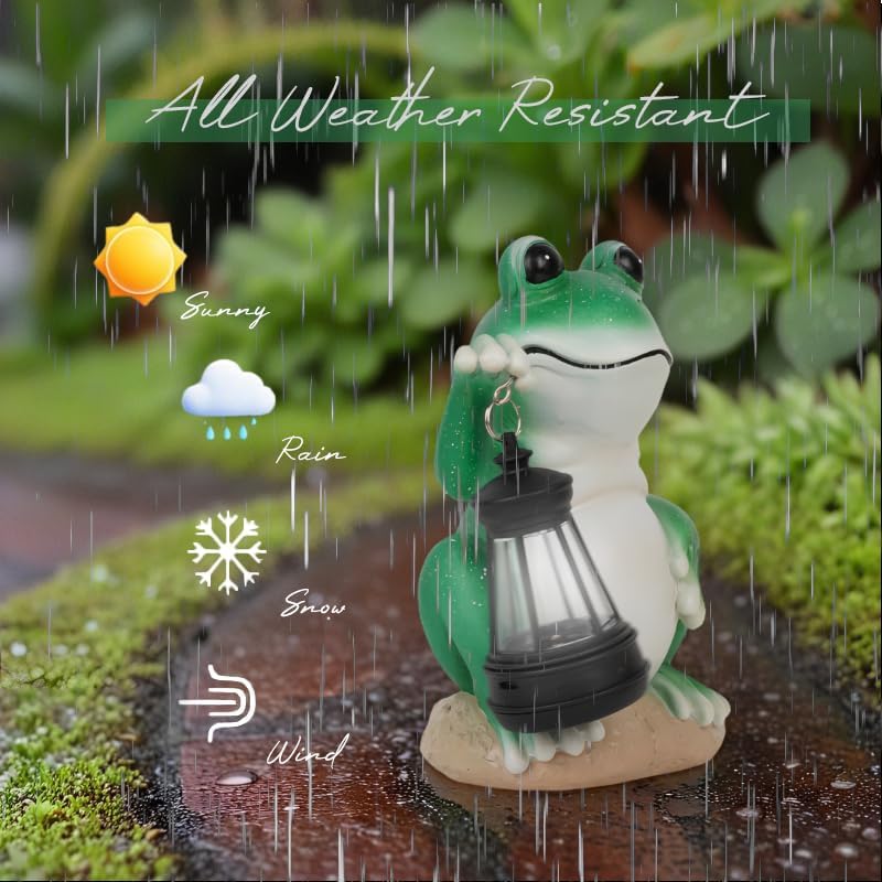Frog Garden Statues with Solar Lantern, Outdoor Figurine Resin Sculpture Hanging Solar Power Lights
