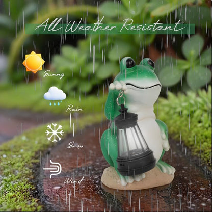 Frog Garden Statues with Solar Lantern, Outdoor Figurine Resin Sculpture Hanging Solar Power Lights