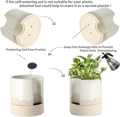 Nihow Self Watering Plant Pot: 8 Inch Ceramic Planter with Drainage Hole & Water Storage Plus for