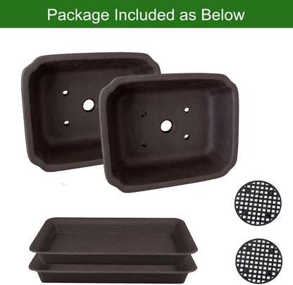 MUZHI 2PACK Unglazed 6” Ceramic Bonsai Pot with Humidity Trays, Breathable Handmade Rectangle