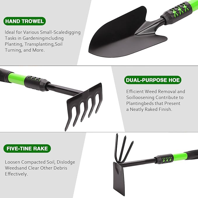 Garden Tool Set, 3Pack Gardening Tools, Stainless Steel Heavy Duty Hand Cultivator, Hoes, Shovel