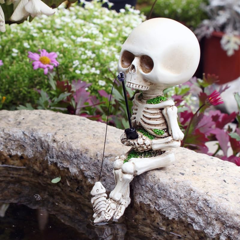 Fishing Skeleton Statue Halloween Decorations, 4.5 Inch Cute Sitting Skull Figurine Shelf Sitter