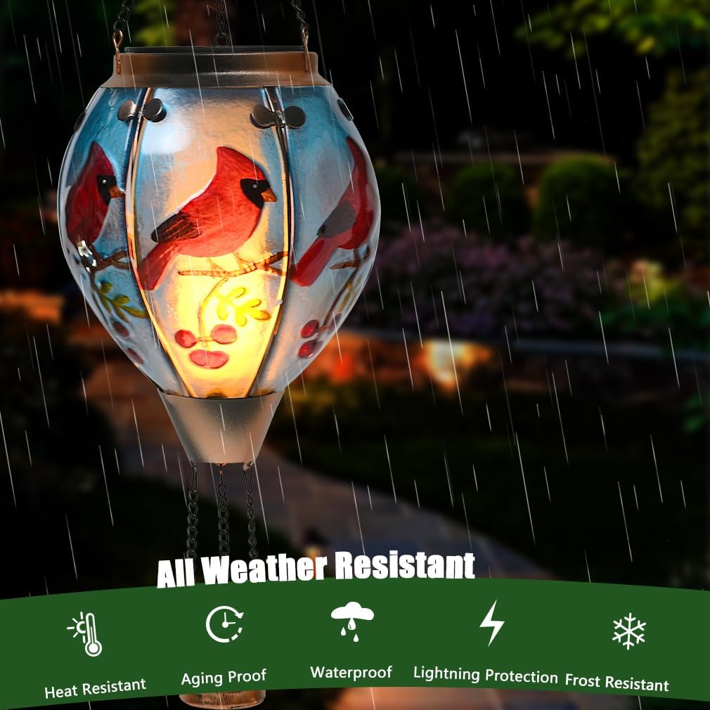 Hot Air Balloon Solar Lantern - Cardinal Bird Glass Lantern, Simulated Flickering & Dancing Flame