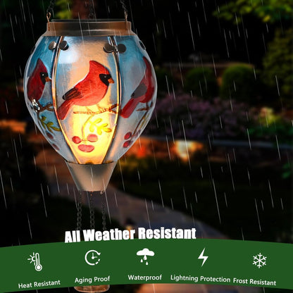 Hot Air Balloon Solar Lantern - Cardinal Bird Glass Lantern, Simulated Flickering & Dancing Flame
