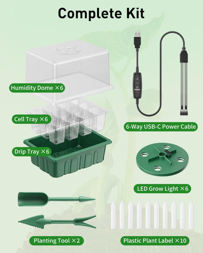 Pawfly 6 Pack Seed Starter Kit, 72 Cells, Seed Starter Trays with Adjustable Grow Lights & 3.9"