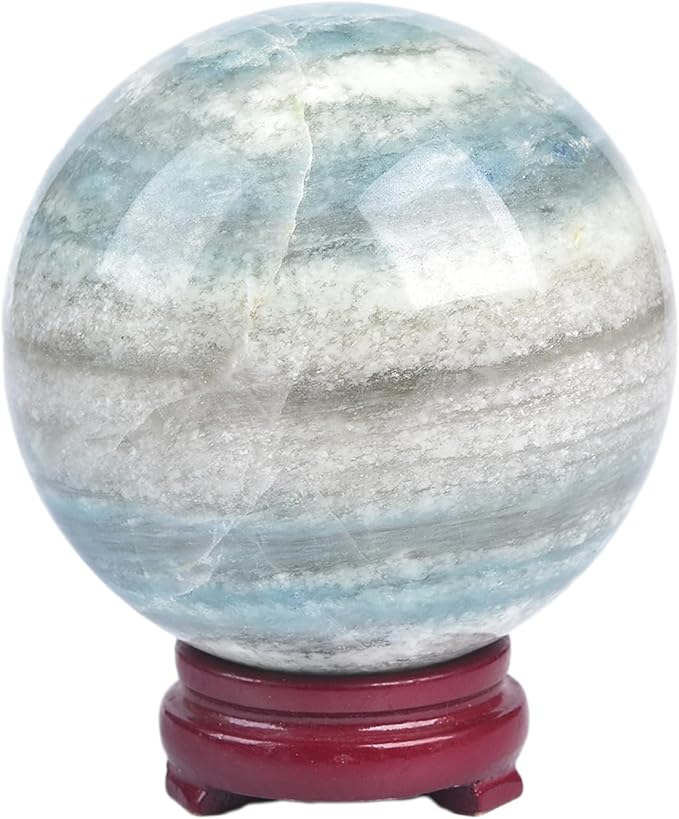 JIC Gem Natural Large Trolleite Crystal Ball Sphere Blue Healing Crystal Gemstone Ball with Display