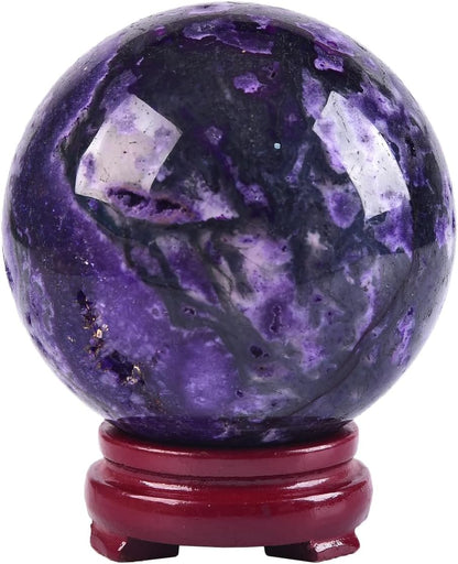 JIC Gem 3.1-3.5 inch(80-90mm) Large Purple Moss Agate Crystal Sphere Quartz Crystal Ball with Stand