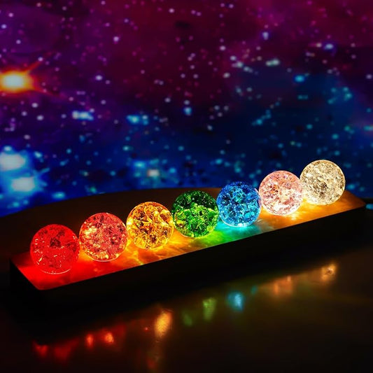 7 Colors 40mm Ice Cracked Balls Crystal Chakra Balls with LED Wooden Base Glass Healing Sphere