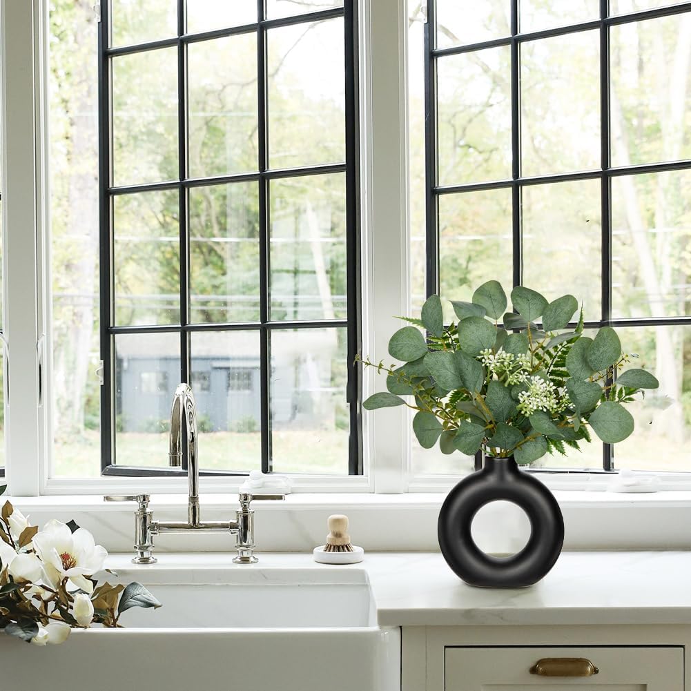 Artificial Eucalyptus Stems in Ceramic Vase 14.23" Fake Eucalyptus Plant Decor Black Donut Vase