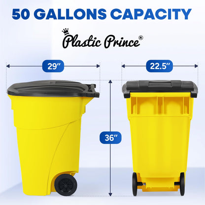 50 Gallon Trash Can, Yellow Outdoor Garbage Can, Large Outside Trash Bin, Rolling Commercial