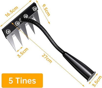 Iron Weeding Rake, 5-Teeth Detachable Gardening Hand Weeder Tool with Ergonomic Grip, Heavy-Duty