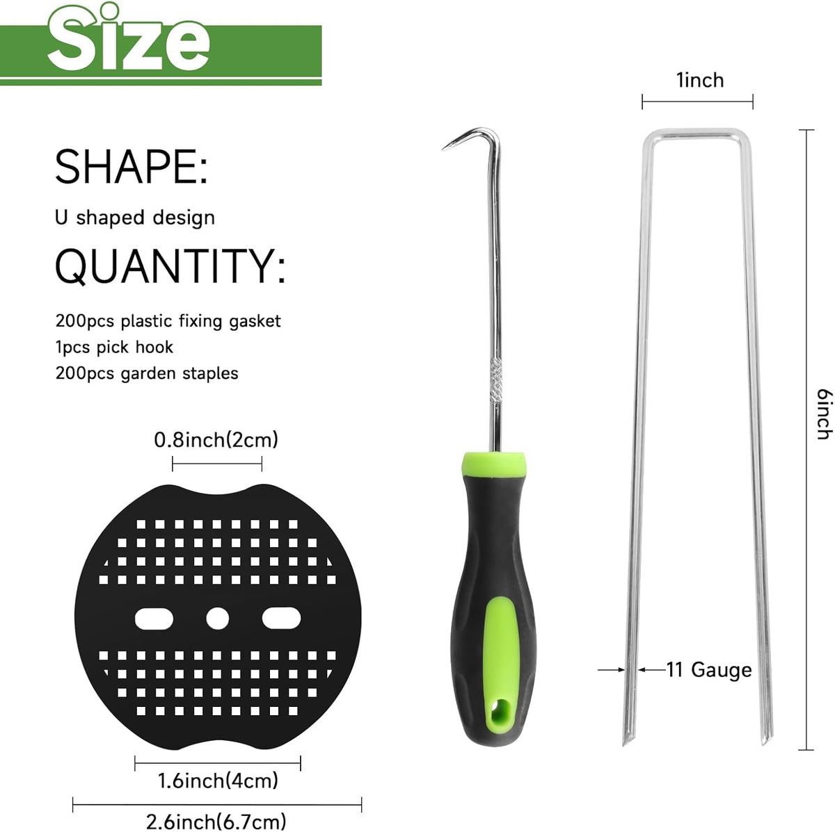Garden Stakes,6 Inch 11 Gauge 200pcs Galvanized Landscape Staples and 200pcs Gaskets +1Pick Hook
