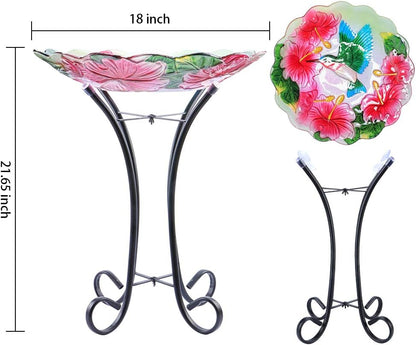 MUMTOP Outdoor Glass Birdbath with Metal Stand for Lawn Yard Garden Hummingbird Decor,18” Dia
