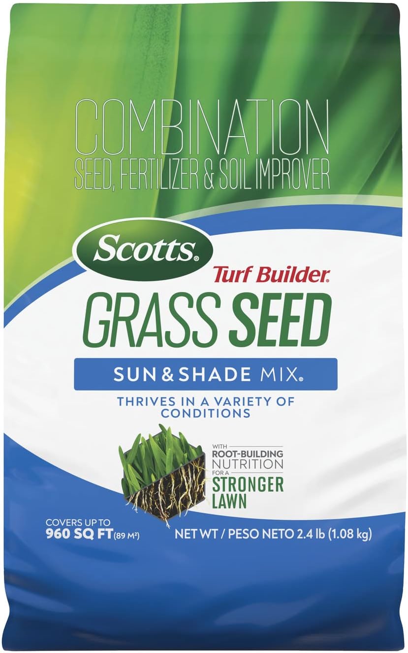 Scotts Turf Builder Grass Seed Sun & Shade Mix with Fertilizer and Soil Improver, Thrives in Many